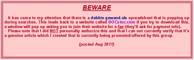 Text Box: BEWARE    It has come to my attention that there is a debbie gewand.xls spreadsheet that is popping up during searches. This leads back to a website called DOCstoc.com if you try to download this, a window will pop up asking you to join their website for a fee (theyll ask for payment info).     Please note that I did NOT personally authorize this and that I can not currently verify that its a genuine article which I created that is currently being promoted/offered by this group. (posted Aug 2011)
