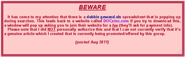 Text Box: BEWARE    It has come to my attention that there is a debbie gewand.xls spreadsheet that is popping up during searches. This leads back to a website called DOCstoc.com if you try to download this, a window will pop up asking you to join their website for a fee (they’ll ask for payment info).     Please note that I did NOT personally authorize this and that I can not currently verify that it’s a genuine article which I created that is currently being promoted/offered by this group. (posted Aug 2011)